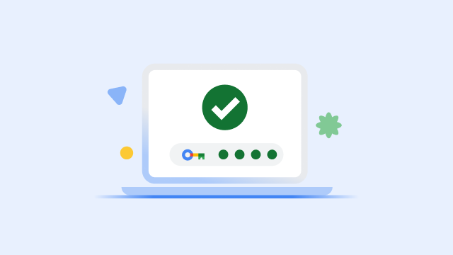 شاشة كمبيوتر محمول تعرض علامة صح خضراء كبيرة وشريط تقدّم مكتمل لمفتاح الأمان.